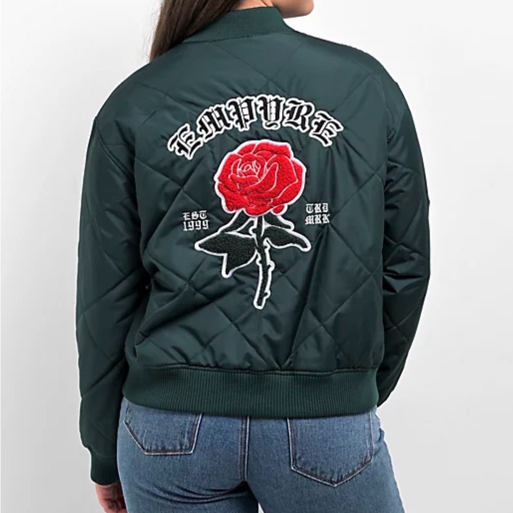 Empyre Green Bomber Jacket with Red Rose Design
